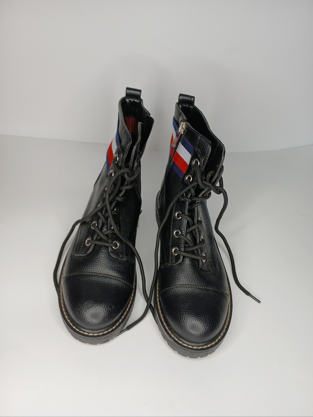 Tommy Hilfiger Black Leather Ankle Boots Size 10 | Chunky Sole Lace-Up | Casual